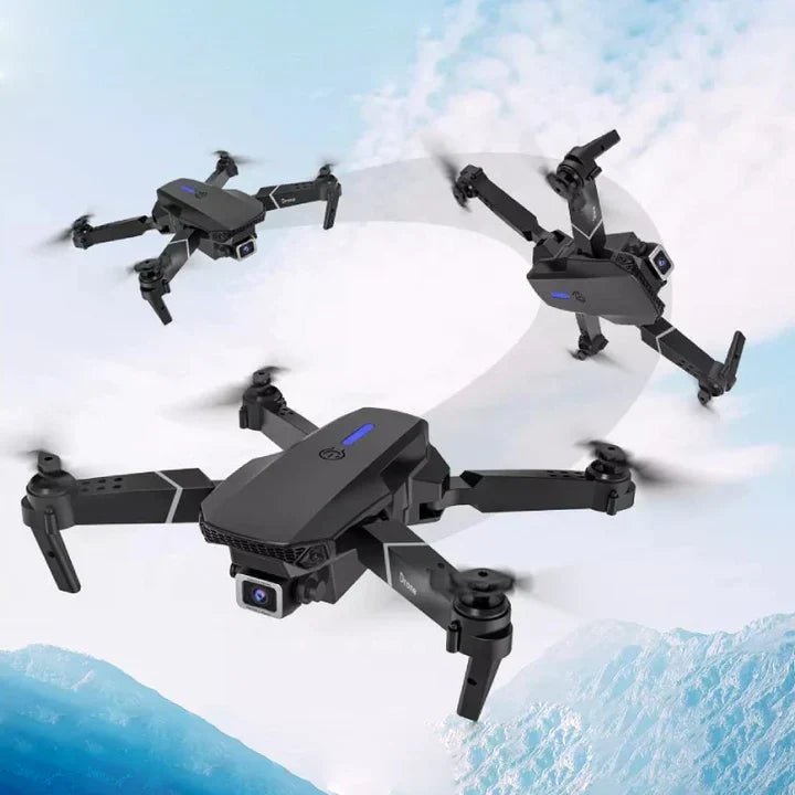 Dual 4K camera drone in black with GPS navigation, foldable design, and 20 minutes of flight time. 1