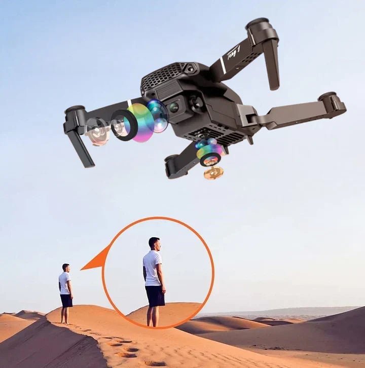 Dual 4K camera drone in black with GPS navigation, foldable design, and 20 minutes of flight time. 3