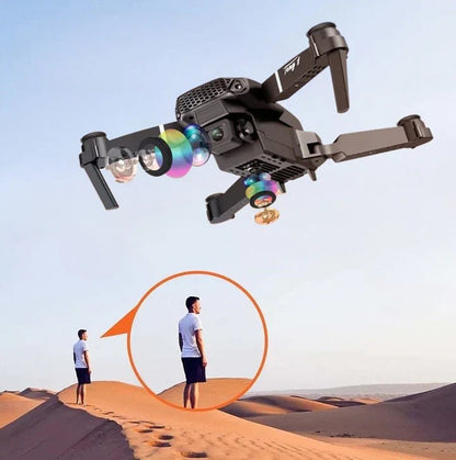 Dual 4K camera drone in black with GPS navigation, foldable design, and 20 minutes of flight time. 3