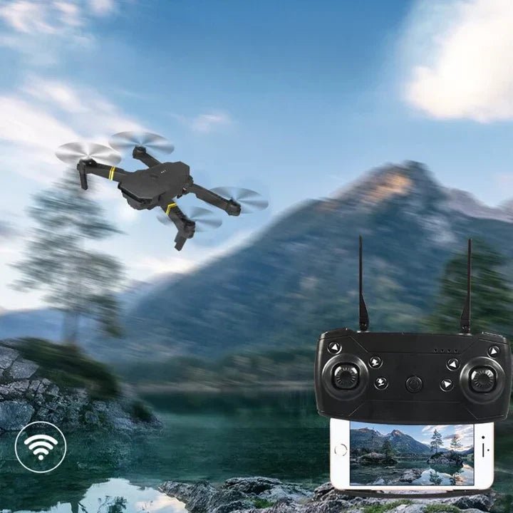 Dual 4K camera drone in black with GPS navigation, foldable design, and 20 minutes of flight time. 2