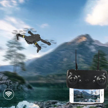 Dual 4K camera drone in black with GPS navigation, foldable design, and 20 minutes of flight time. 2