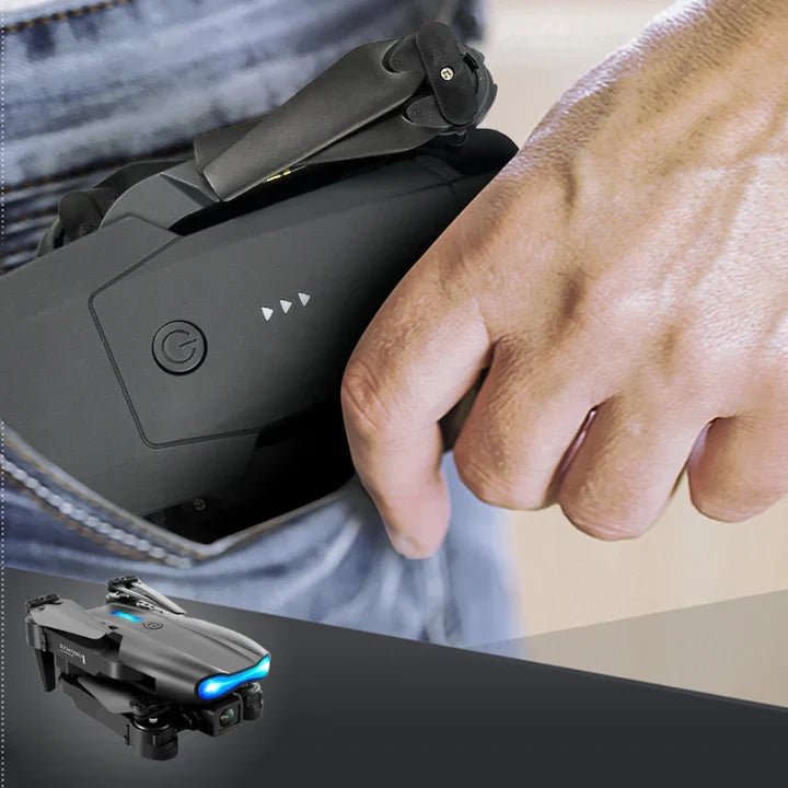 Dual 4K camera drone in black with GPS navigation, foldable design, and 20 minutes of flight time. 4