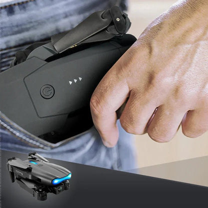 Dual 4K camera drone in black with GPS navigation, foldable design, and 20 minutes of flight time. 4