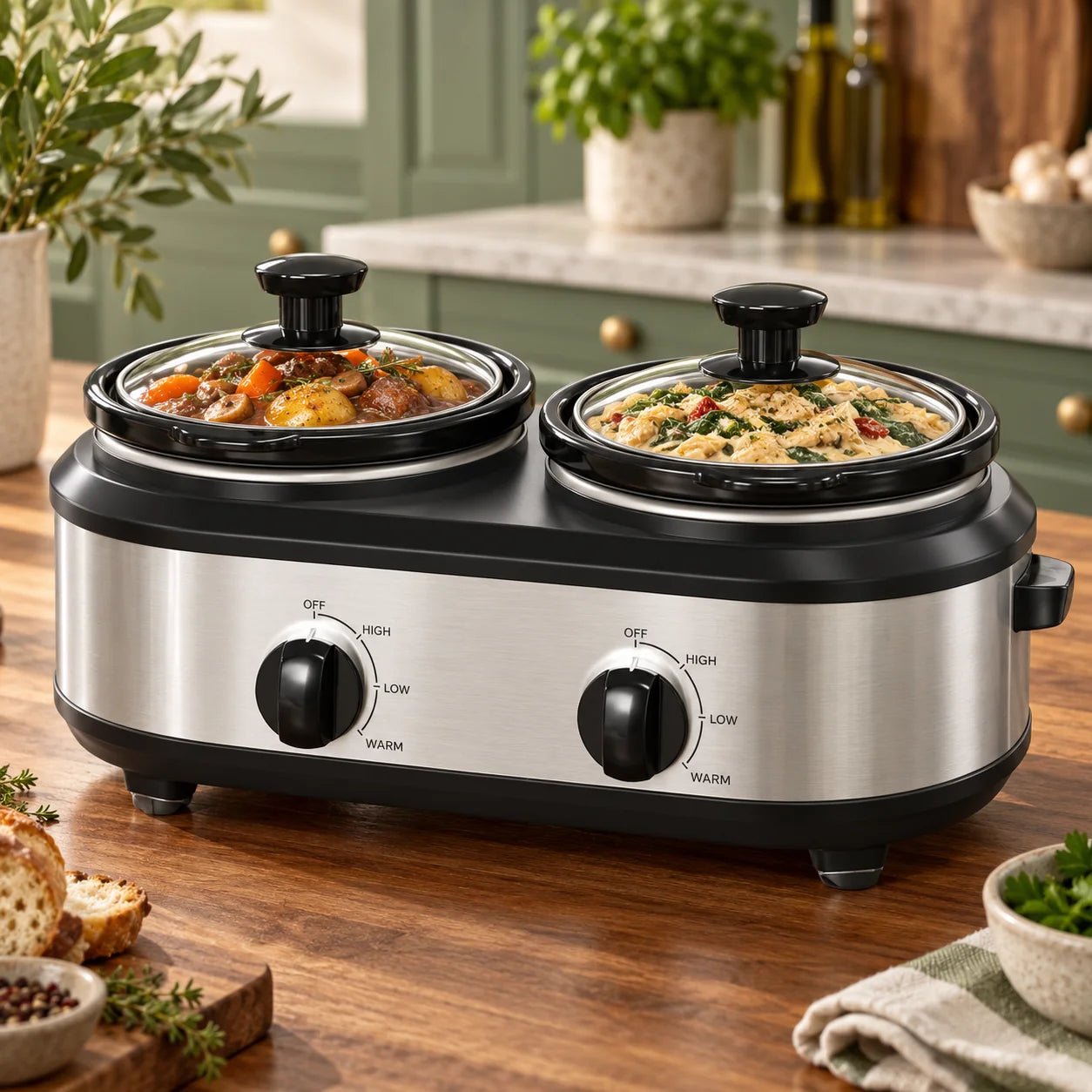 Dual Slow Cooker featuring removable ceramic pots and individual heat controls in a sleek stainless steel design, perfect for versatile meal preparation. 0