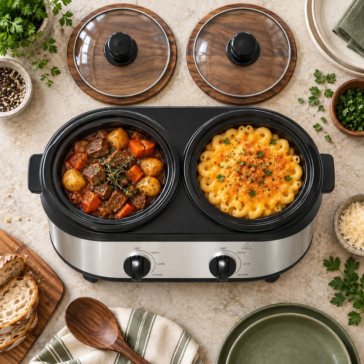 Dual Slow Cooker featuring removable ceramic pots and individual heat controls in a sleek stainless steel design, perfect for versatile meal preparation. 3