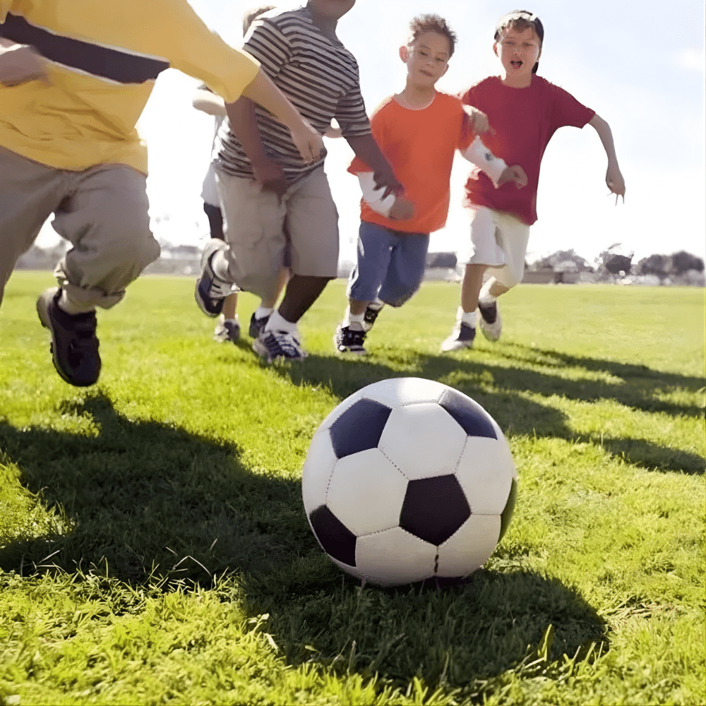 Durable PU soccer ball for training and match play, available in sizes 3, 4, and 5, featuring a vibrant design for enhanced 3
