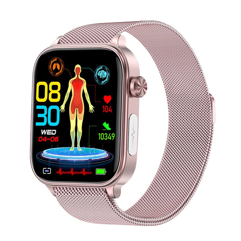 ECG health monitoring smart watch with Bluetooth calling, IP68 water resistance, and fitness tracking features including sleep analysis. 4