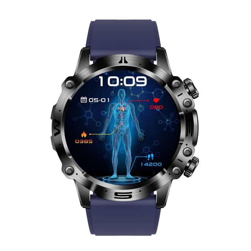 ECG Smartwatch featuring an AMOLED display, designed for health tracking and fitness monitoring with Bluetooth connectivity. 9