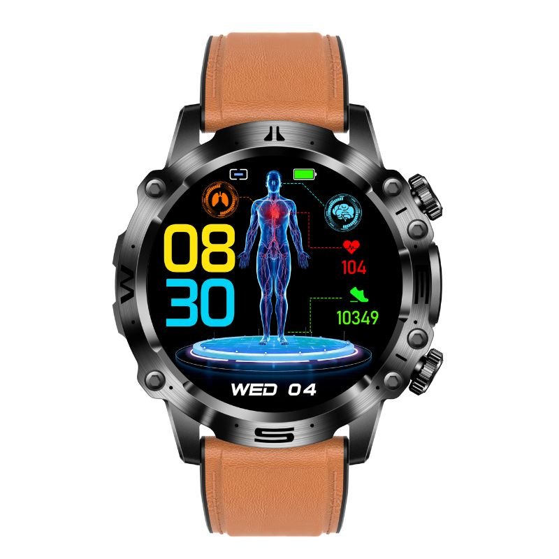 ECG Smartwatch featuring an AMOLED display, designed for health tracking and fitness monitoring with Bluetooth connectivity. 8