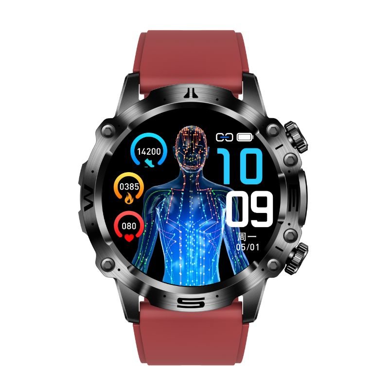 ECG Smartwatch featuring an AMOLED display, designed for health tracking and fitness monitoring with Bluetooth connectivity. 7