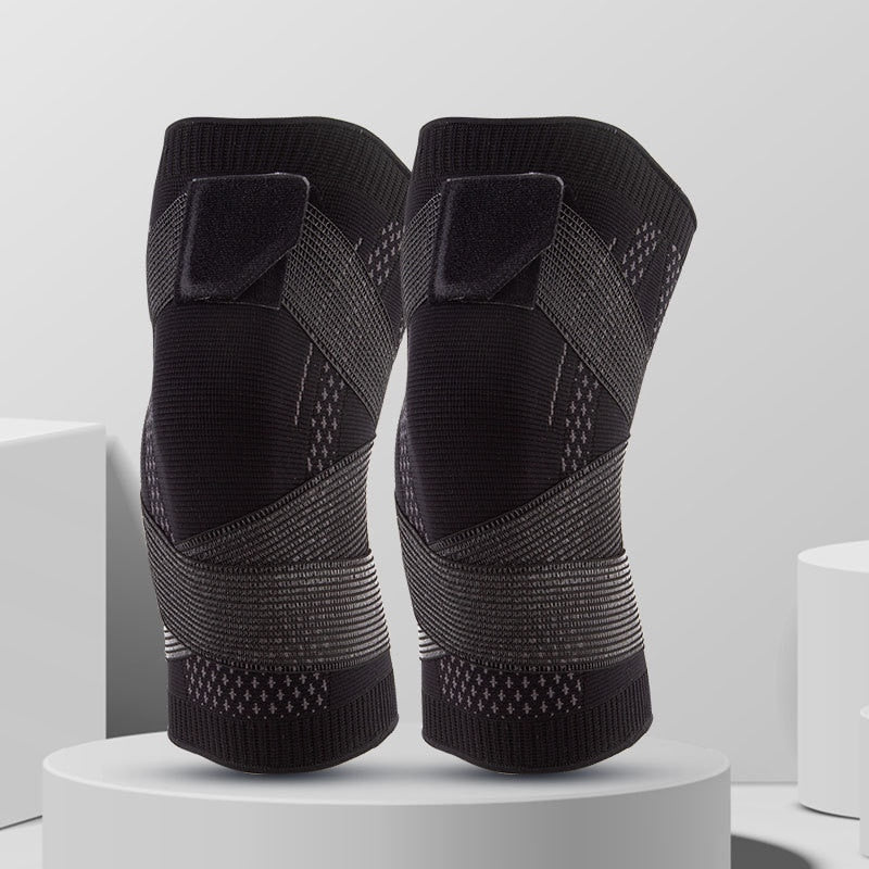 Elastic knee support featuring a 4-way stretch compression sleeve, designed for enhanced stability and comfort, made from breathable polyester material. 5