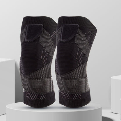 Elastic knee support featuring a 4-way stretch compression sleeve, designed for enhanced stability and comfort, made from breathable polyester material. 5