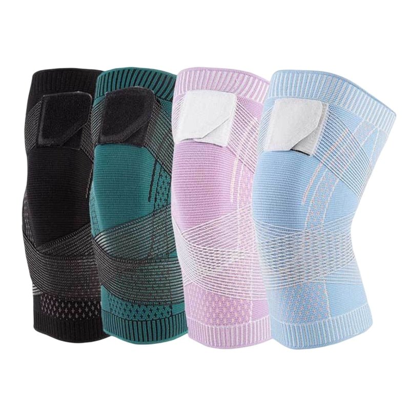 Elastic knee support featuring a 4-way stretch compression sleeve, designed for enhanced stability and comfort, made from breathable polyester material. 2