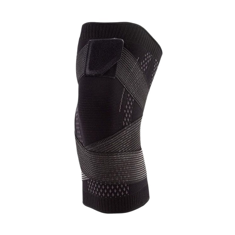 Elastic knee support featuring a 4-way stretch compression sleeve, designed for enhanced stability and comfort, made from breathable polyester material. 4