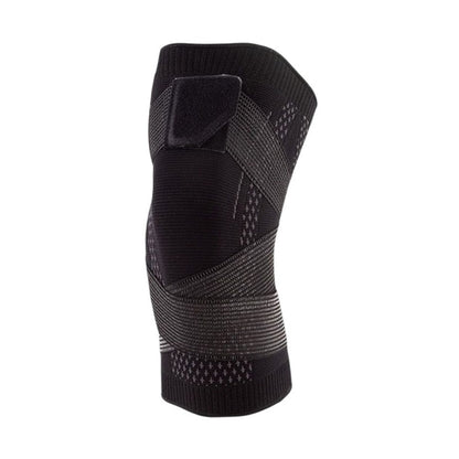 Elastic knee support featuring a 4-way stretch compression sleeve, designed for enhanced stability and comfort, made from breathable polyester material. 4