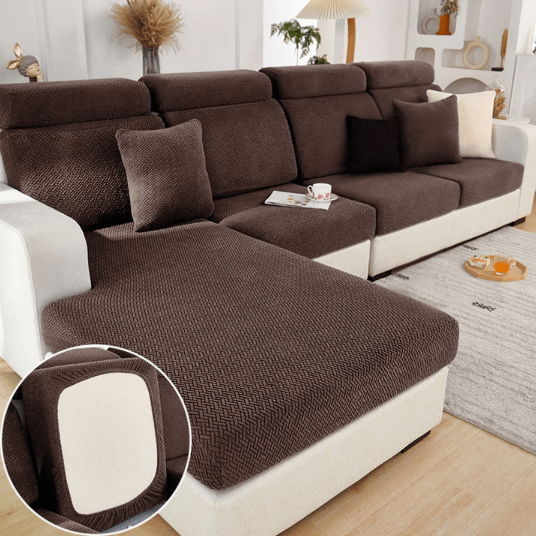 Elastic sofa cover designed for loose cushions, featuring stretch jacquard fabric for a snug fit, ideal for pet protection and easy machine washing. 4
