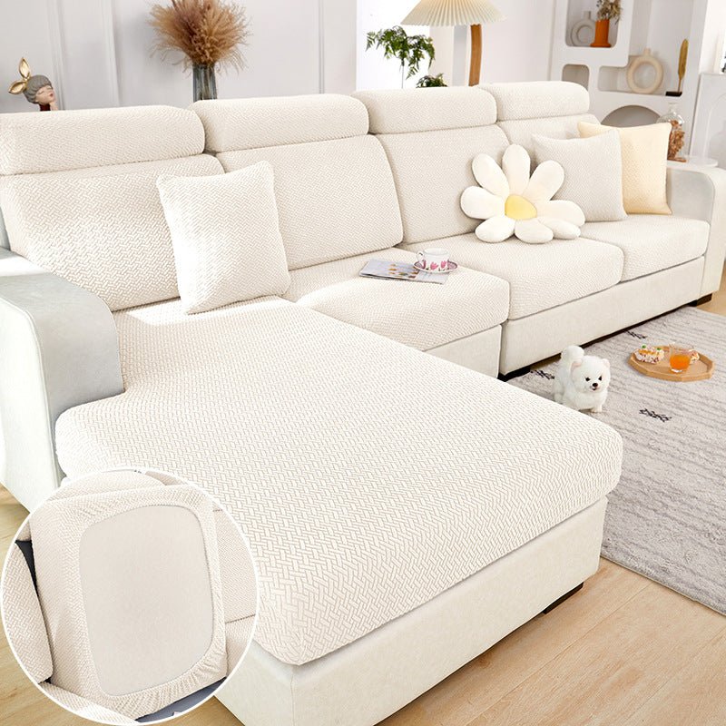 Elastic sofa cover designed for loose cushions, featuring stretch jacquard fabric for a snug fit, ideal for pet protection and easy machine washing. 5