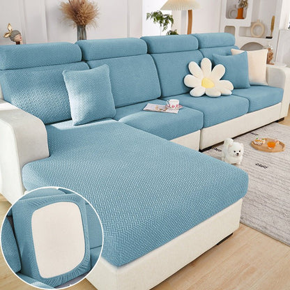 Elastic sofa cover designed for loose cushions, featuring stretch jacquard fabric for a snug fit, ideal for pet protection and easy machine washing. 7