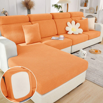 Elastic sofa cover designed for loose cushions, featuring stretch jacquard fabric for a snug fit, ideal for pet protection and easy machine washing. 9