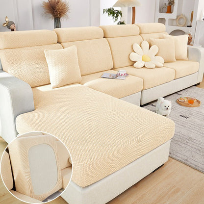 Elastic sofa cover designed for loose cushions, featuring stretch jacquard fabric for a snug fit, ideal for pet protection and easy machine washing. 8