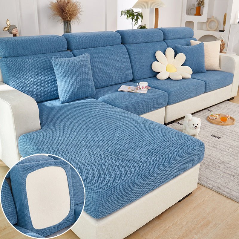 Elastic sofa cover designed for loose cushions, featuring stretch jacquard fabric for a snug fit, ideal for pet protection and easy machine washing. 10