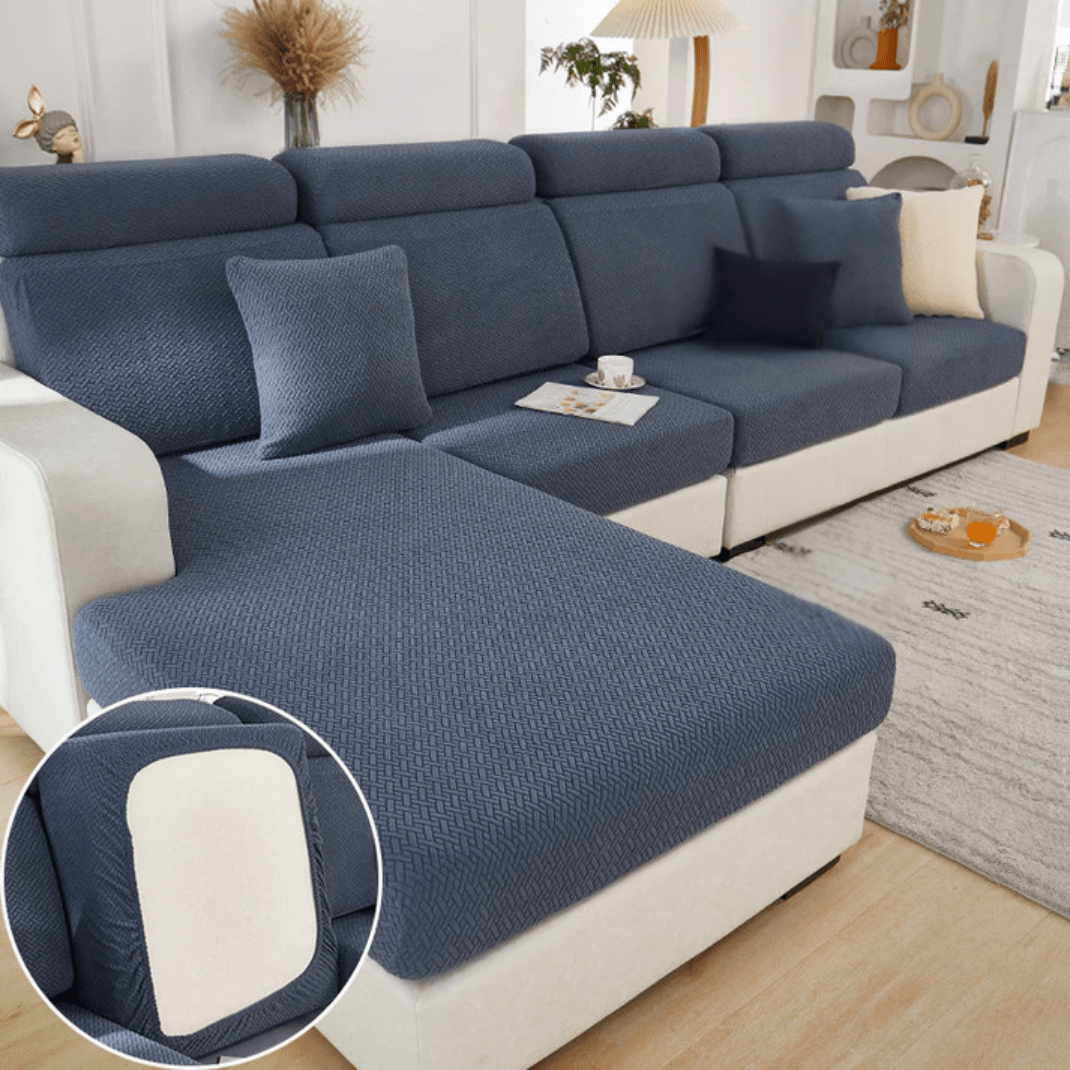 Elastic sofa cover designed for loose cushions, featuring stretch jacquard fabric for a snug fit, ideal for pet protection and easy machine washing. 3