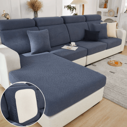 Elastic sofa cover designed for loose cushions, featuring stretch jacquard fabric for a snug fit, ideal for pet protection and easy machine washing. 3