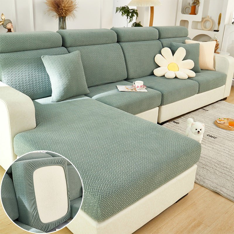 Elastic sofa cover designed for loose cushions, featuring stretch jacquard fabric for a snug fit, ideal for pet protection and easy machine washing. 6