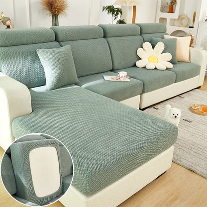 Elastic sofa cover designed for loose cushions, featuring stretch jacquard fabric for a snug fit, ideal for pet protection and easy machine washing. 6