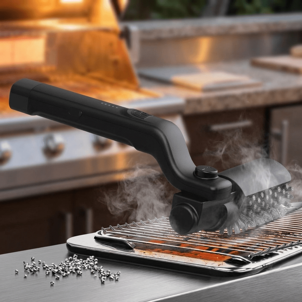 Electric BBQ Grill Brush designed for efficient grease removal, featuring a handheld powered cleaning tool ideal for barbecue grates. 1