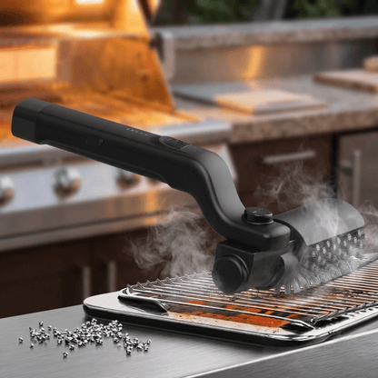 Electric BBQ Grill Brush designed for efficient grease removal, featuring a handheld powered cleaning tool ideal for barbecue grates. 1