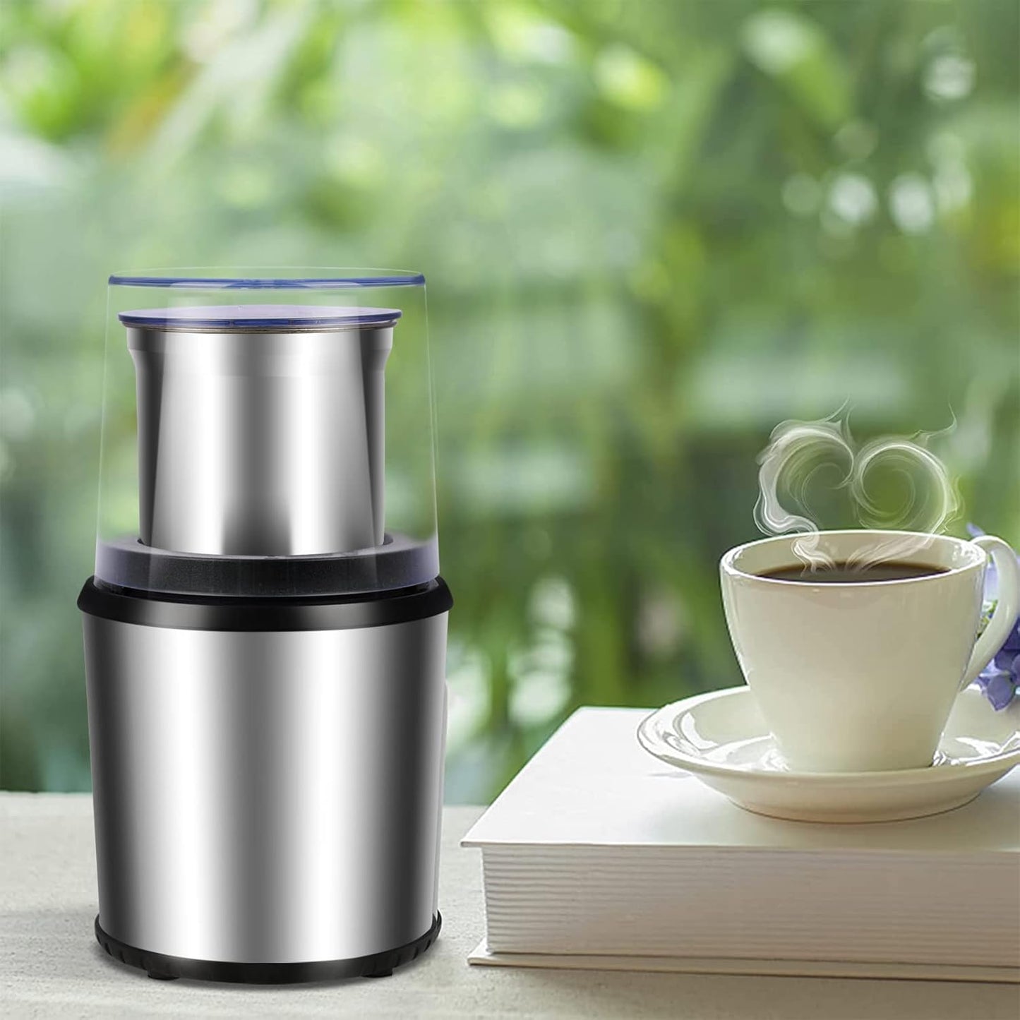 Electric coffee grinder featuring a powerful 200W motor and a removable 0.6L stainless steel cup, ideal for grinding coffee beans to enhance your 1