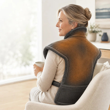 Electric heating pad for neck and shoulders featuring adjustable heat settings, soft washable microplush cover, and dimensions of 24x17 inches. 3