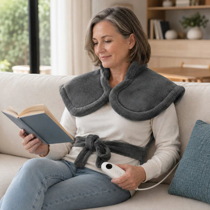 Electric heating pad for neck and shoulders featuring adjustable heat settings, soft washable microplush cover, and dimensions of 24x17 inches. 1