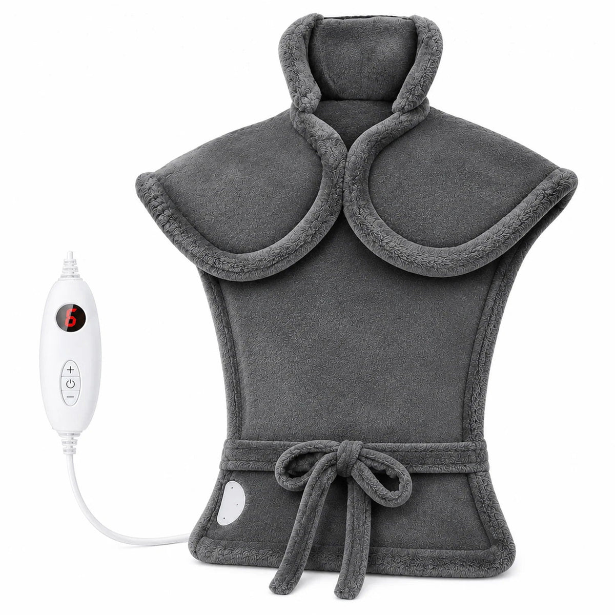 Electric heating pad for neck and shoulders featuring adjustable heat settings, soft washable microplush cover, and dimensions of 24x17 inches. 6