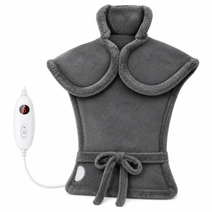 Electric heating pad for neck and shoulders featuring adjustable heat settings, soft washable microplush cover, and dimensions of 24x17 inches. 6