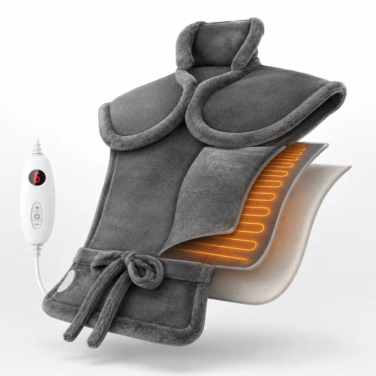 Electric heating pad for neck and shoulders featuring adjustable heat settings, soft washable microplush cover, and dimensions of 24x17 inches. 2