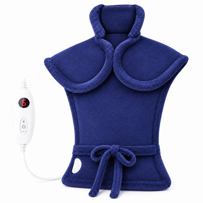 Electric heating pad for neck and shoulders featuring adjustable heat settings, soft washable microplush cover, and dimensions of 24x17 inches. 5