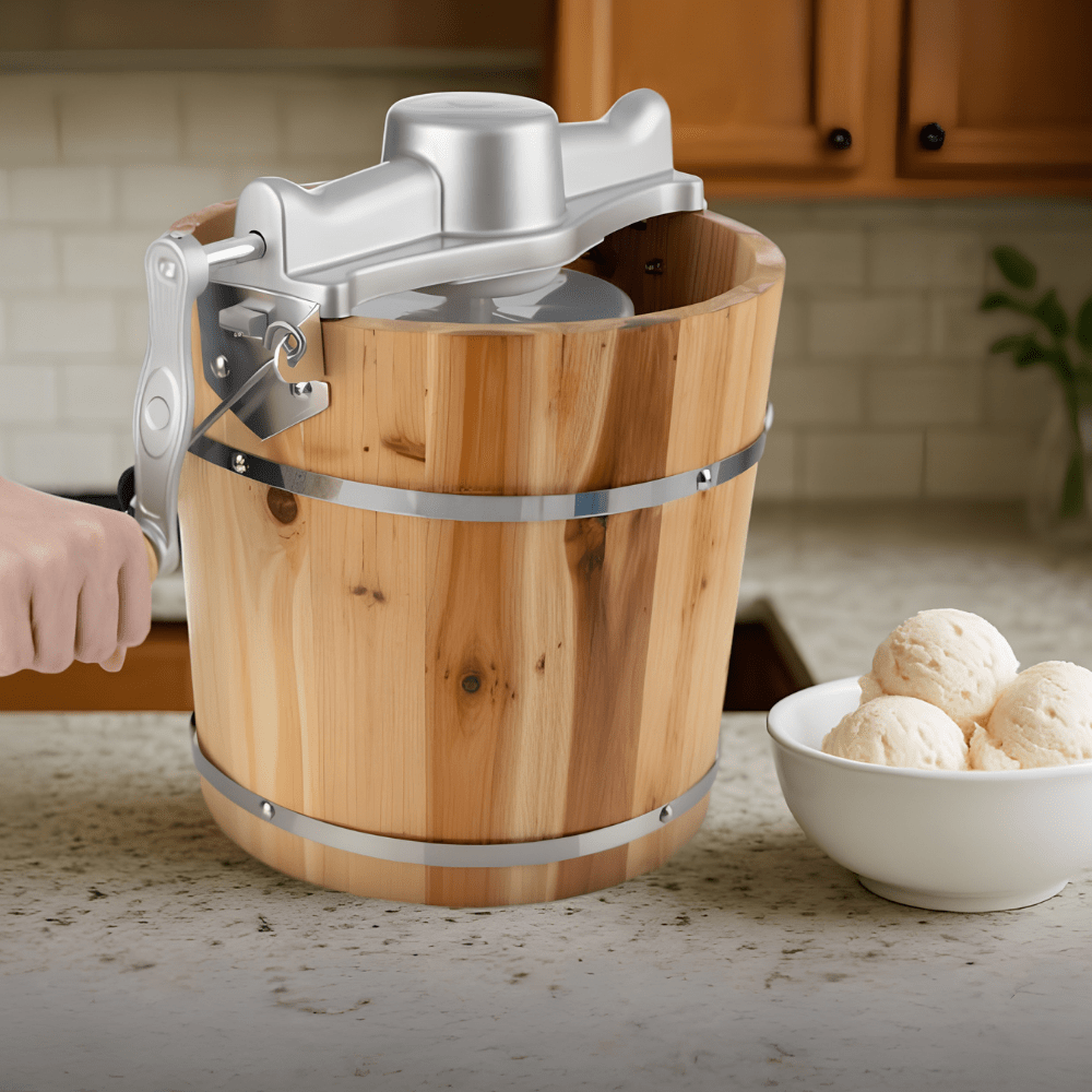 Electric ice cream maker featuring a hand crank option, designed with a 4-quart old-fashioned wooden bucket for homemade ice cream delights. 0
