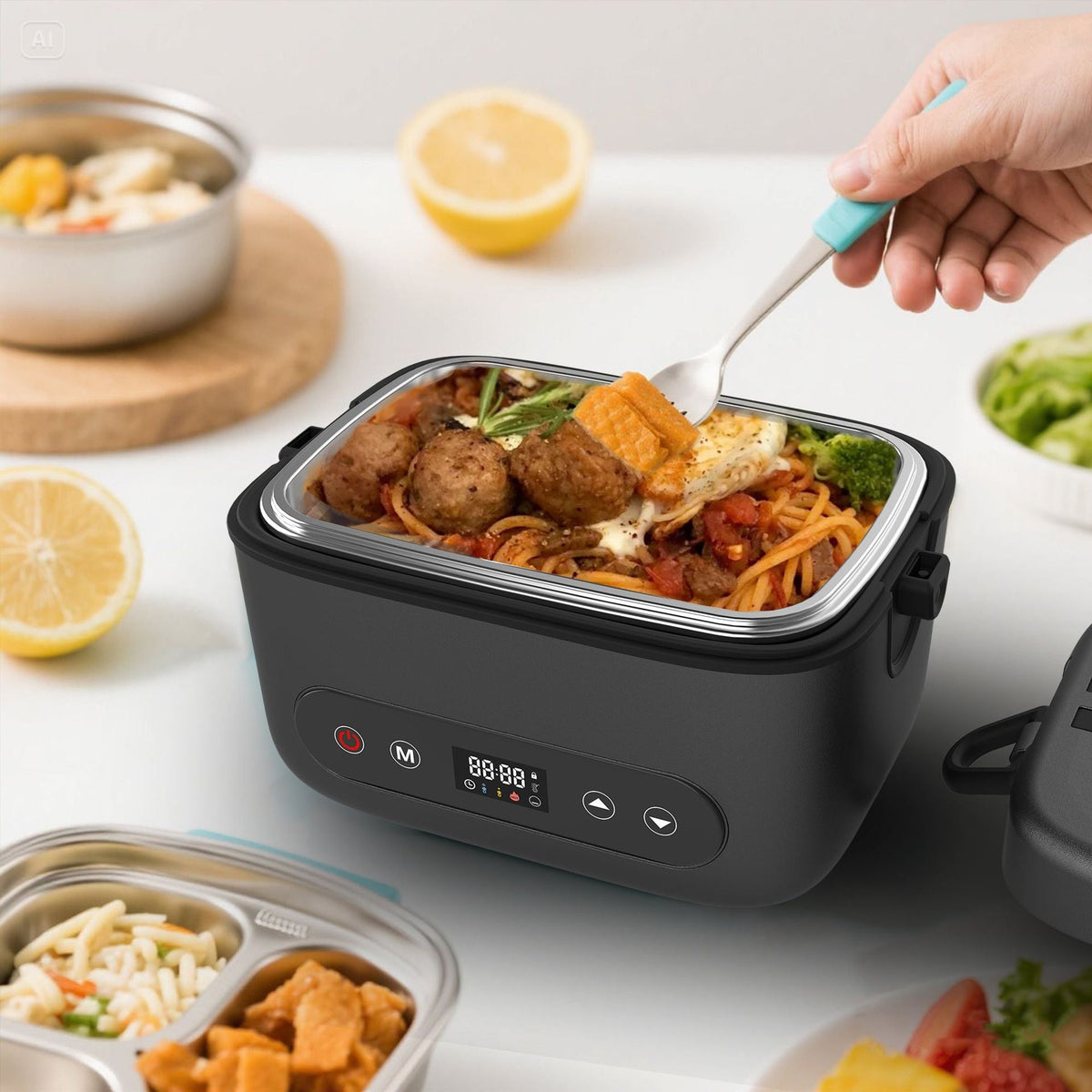 Electric lunch box featuring an insulated design and inner liner compartment, ideal for warming food on-the-go for office and travel use. 3