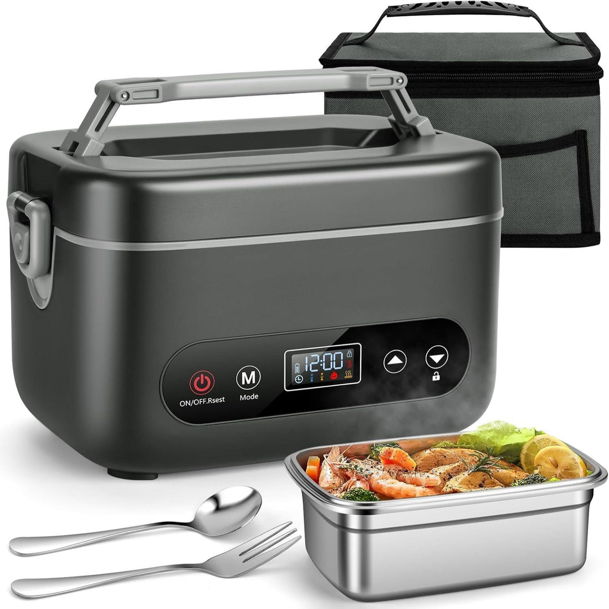 Electric lunch box featuring an insulated design and inner liner compartment, ideal for warming food on-the-go for office and travel use. 2