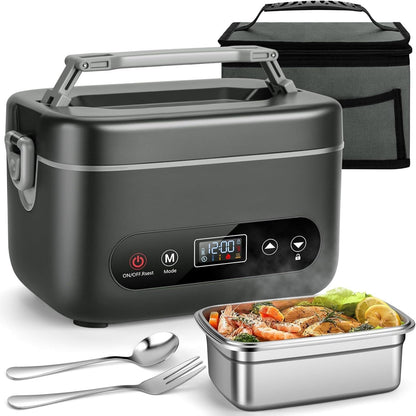 Electric lunch box featuring an insulated design and inner liner compartment, ideal for warming food on-the-go for office and travel use. 2