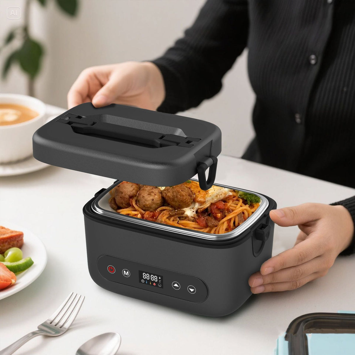 Electric lunch box featuring an insulated design and inner liner compartment, ideal for warming food on-the-go for office and travel use. 1
