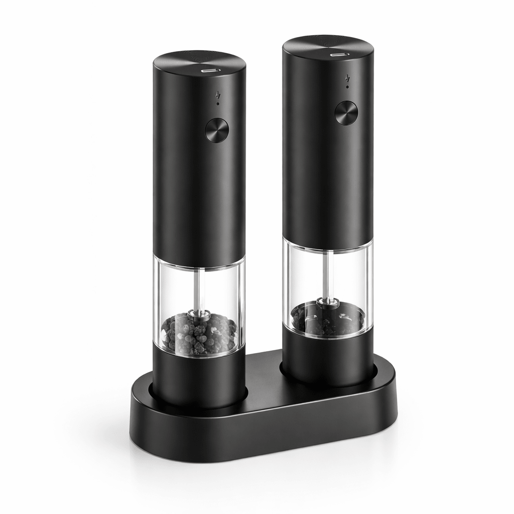 Electric salt and pepper grinder set featuring a sleek stainless steel design, USB rechargeable for convenience, perfect for enhancing your kitchen's style and efficiency. 0