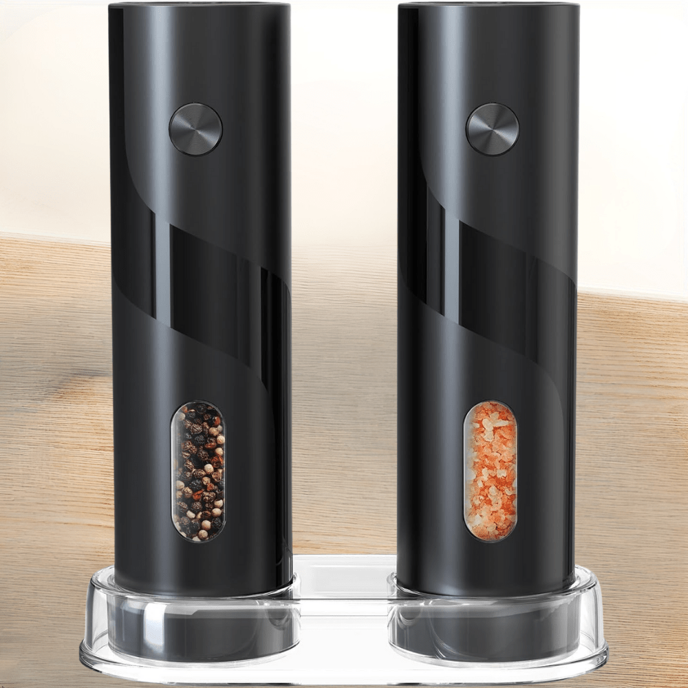 Electric salt and pepper grinder set featuring a sleek stainless steel design, USB rechargeable for convenience, perfect for enhancing your kitchen's style and efficiency. 1