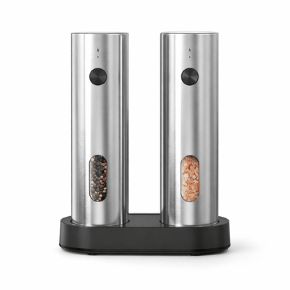 Electric salt and pepper grinder set featuring a sleek stainless steel design, USB rechargeable for convenience, perfect for enhancing your kitchen's style and efficiency. 4