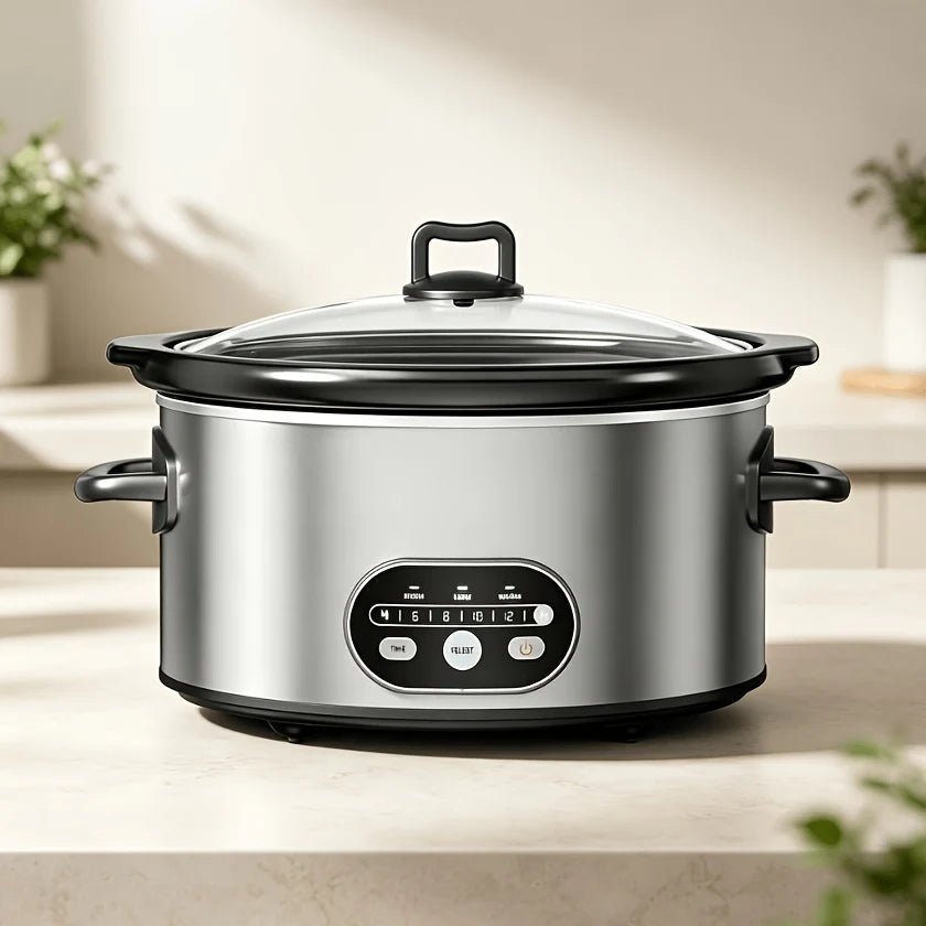 Electric slow cooker with digital controls, featuring a removable ceramic pot, available in 6 quart and 8 quart sizes, perfect for convenient meal preparation and 0