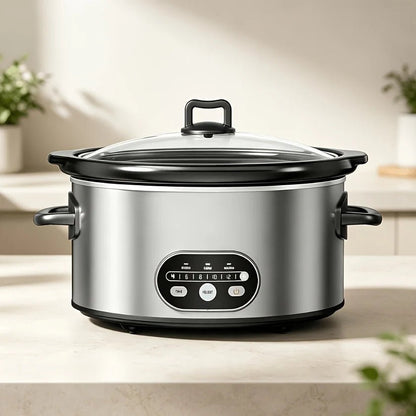 Electric slow cooker with digital controls, featuring a removable ceramic pot, available in 6 quart and 8 quart sizes, perfect for convenient meal preparation and 0