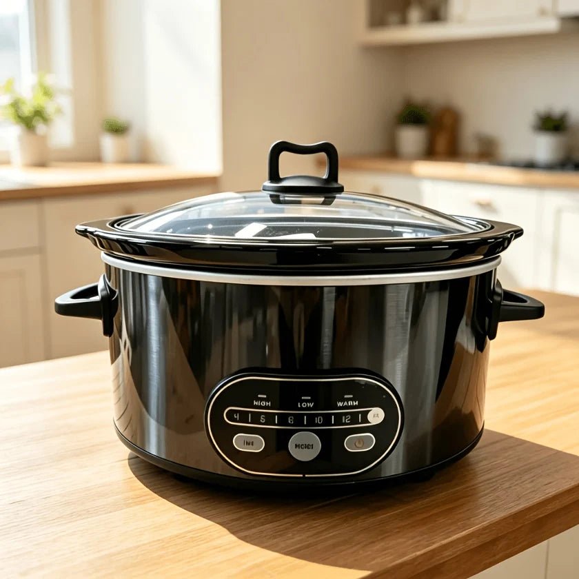 Electric slow cooker with digital controls, featuring a removable ceramic pot, available in 6 quart and 8 quart sizes, perfect for convenient meal preparation and 1