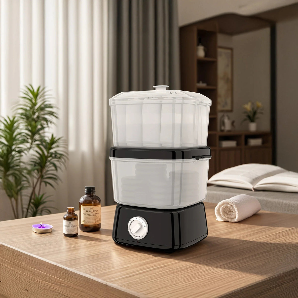 Electric towel steamer with rotary timer, featuring a compact double-layer design ideal for mini towels, showcasing clear chambers for easy visibility. 0